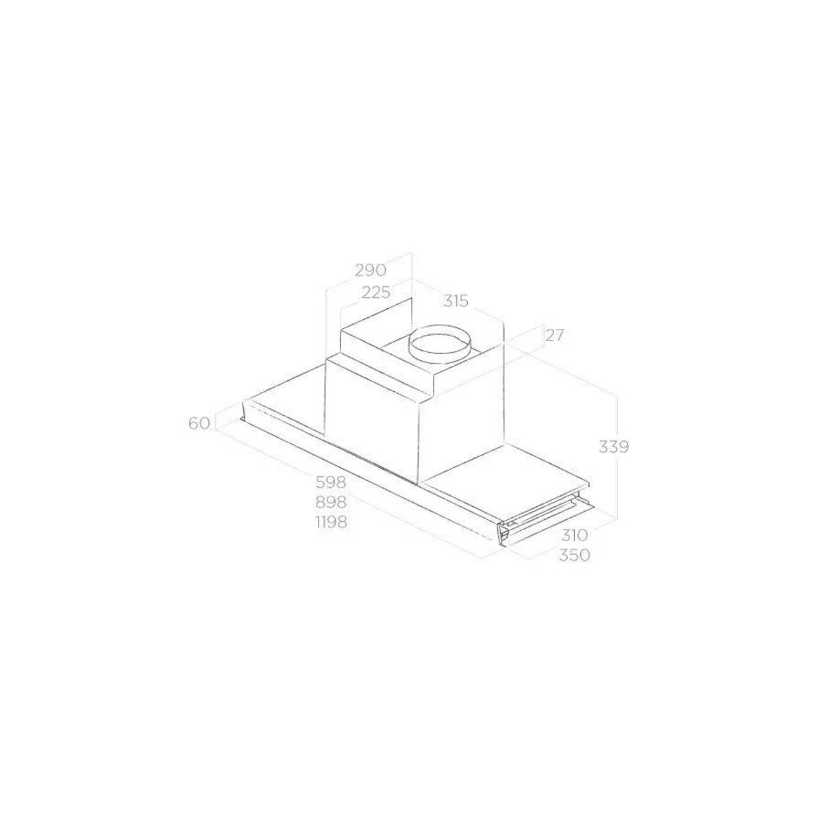 Disegno tecnico di un modello di cappa aspirante con dimensioni.