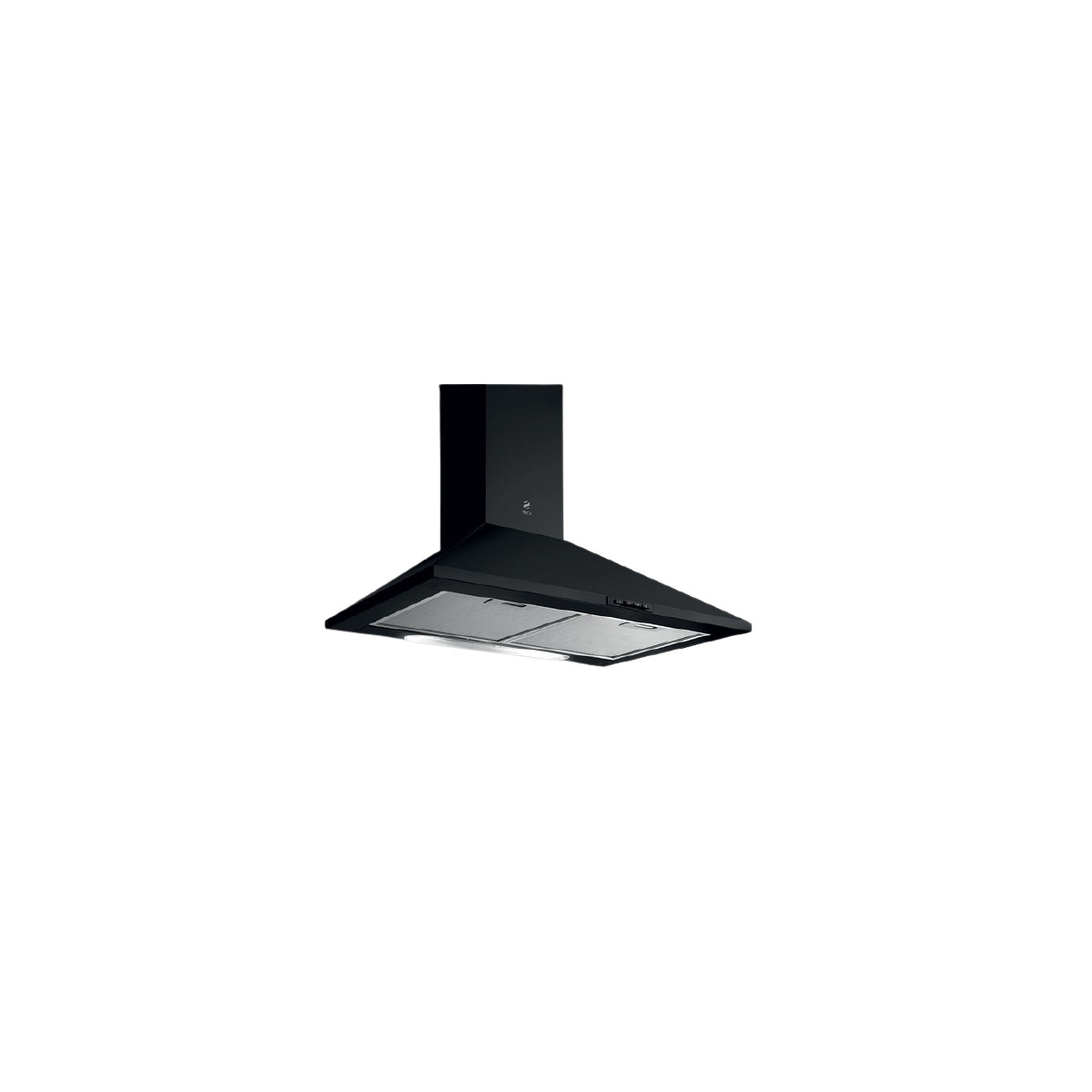 Cappa aspirante nera con filtri metallici e illuminazione integrata.
