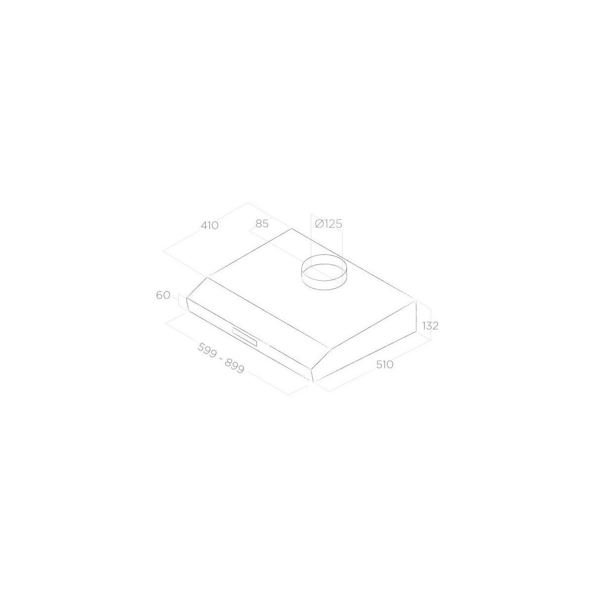 Disegno tecnico di una cappa aspirante con dimensioni: 599-899x510x132mm, condotto Ø125mm.