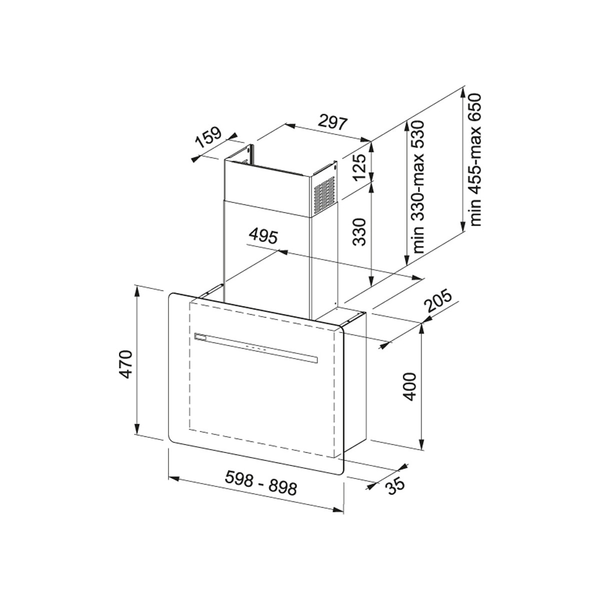 Disegno tecnico di una cappa da cucina con dimensioni.