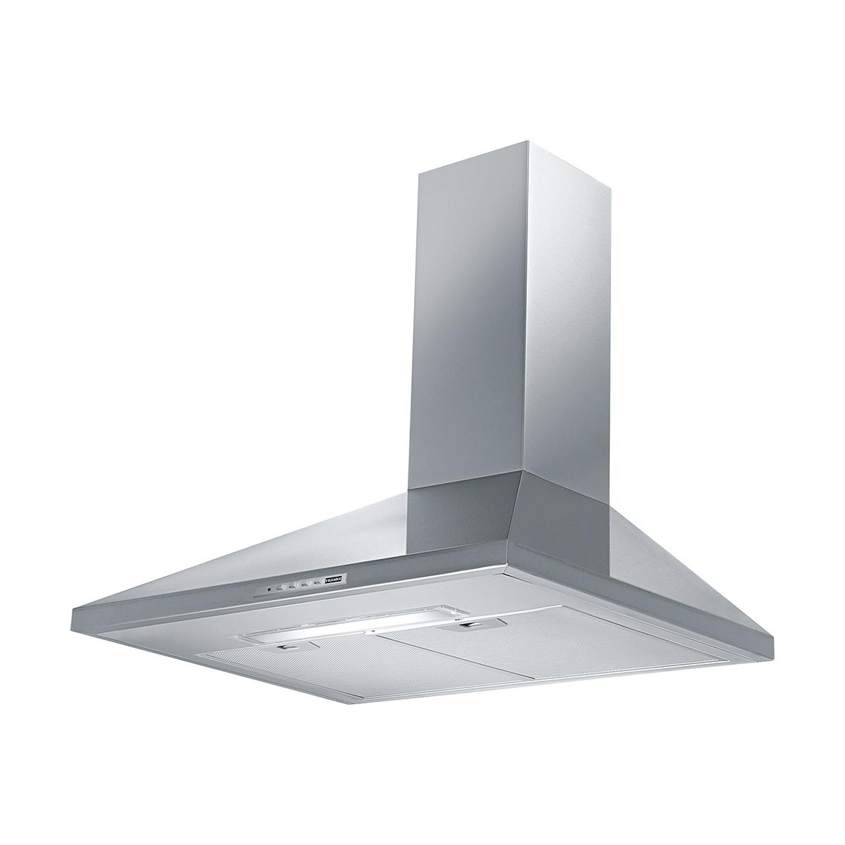 Una moderna cappa da cucina in acciaio inox dal design elegante e illuminazione integrata.