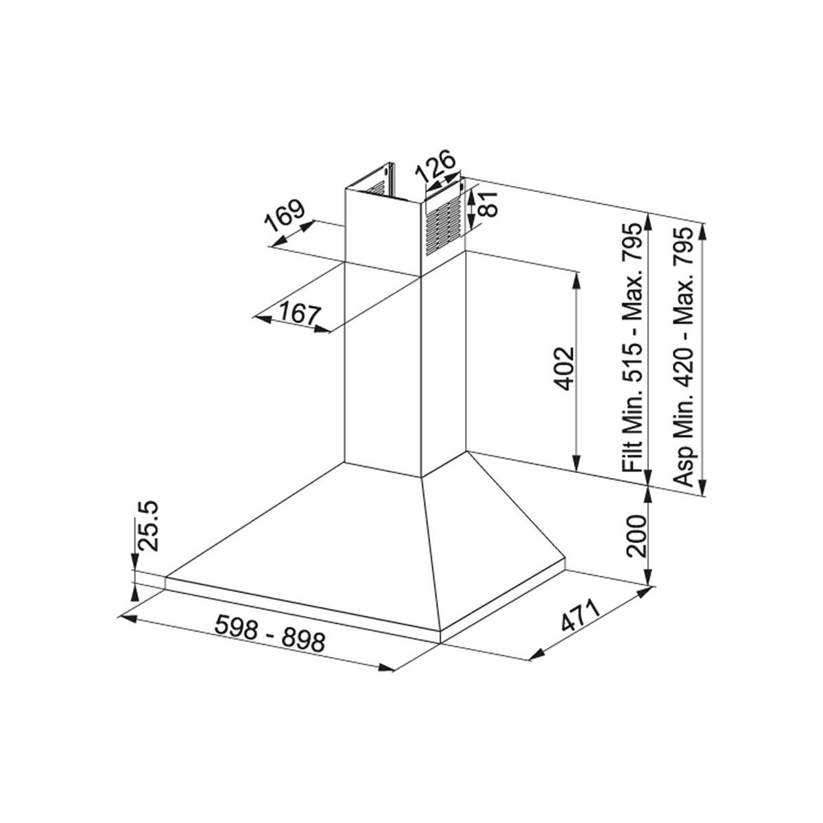 Disegno tecnico di una cappa aspirante con dimensioni.