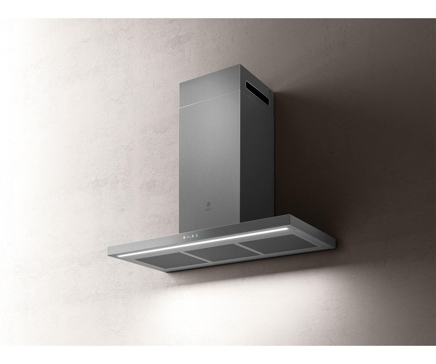 Una cappa da cucina moderna, grigia, con illuminazione, montata a parete.