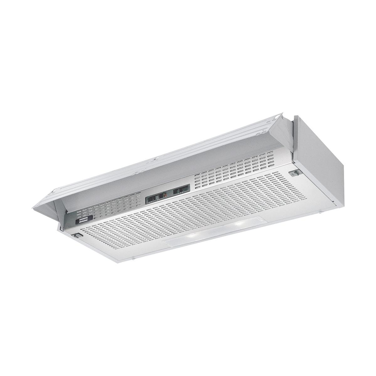 Cappa aspirante in acciaio inox con controlli e luci.