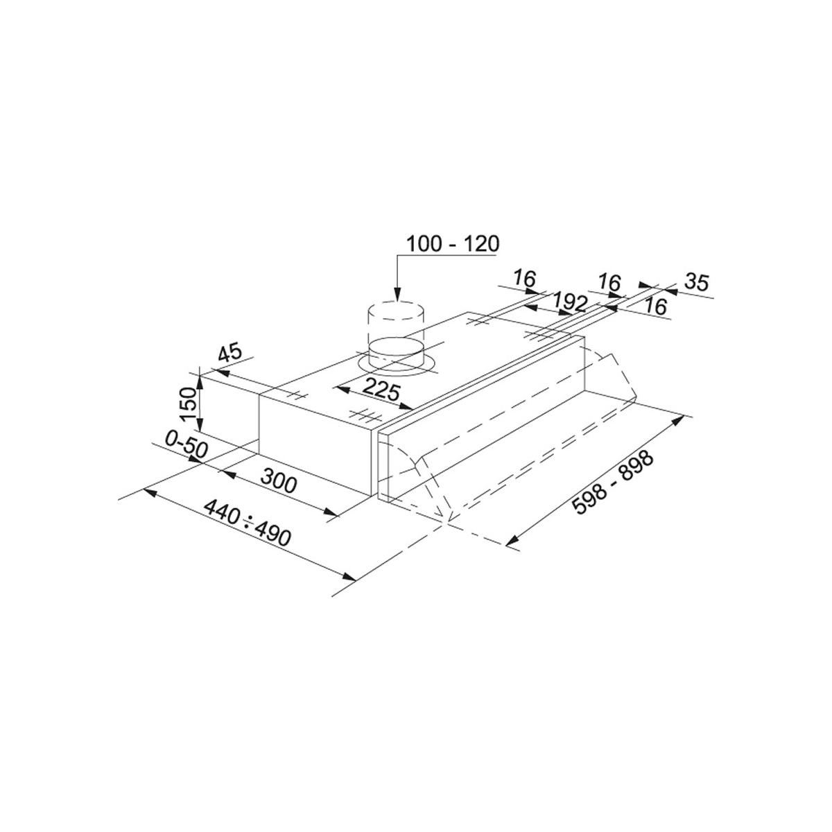 Disegno tecnico con dimensioni per unità di ventilazione. Mostra misure di altezza, larghezza e profondità.
