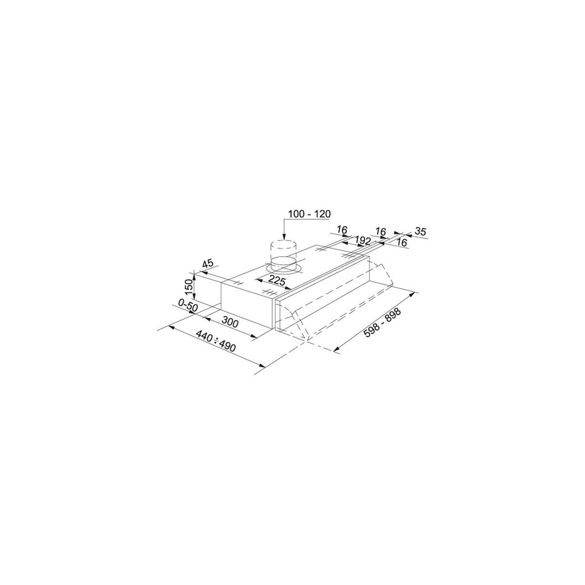 Disegno tecnico di una cappa aspirante con dimensioni. Una ventilazione cilindrica è in cima.