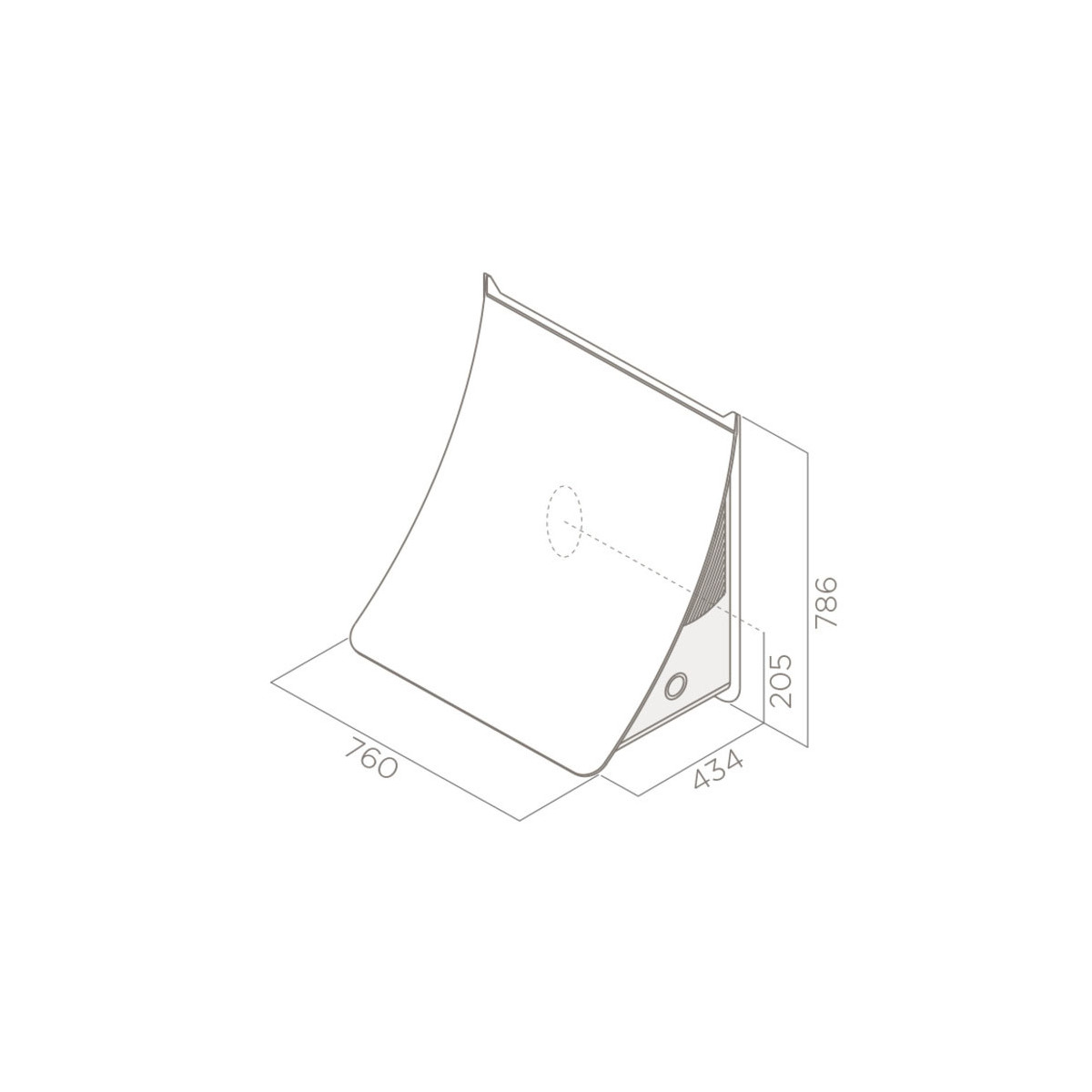 Disegno tecnico di un oggetto curvo con dimensioni 760, 434, 205 e 786.