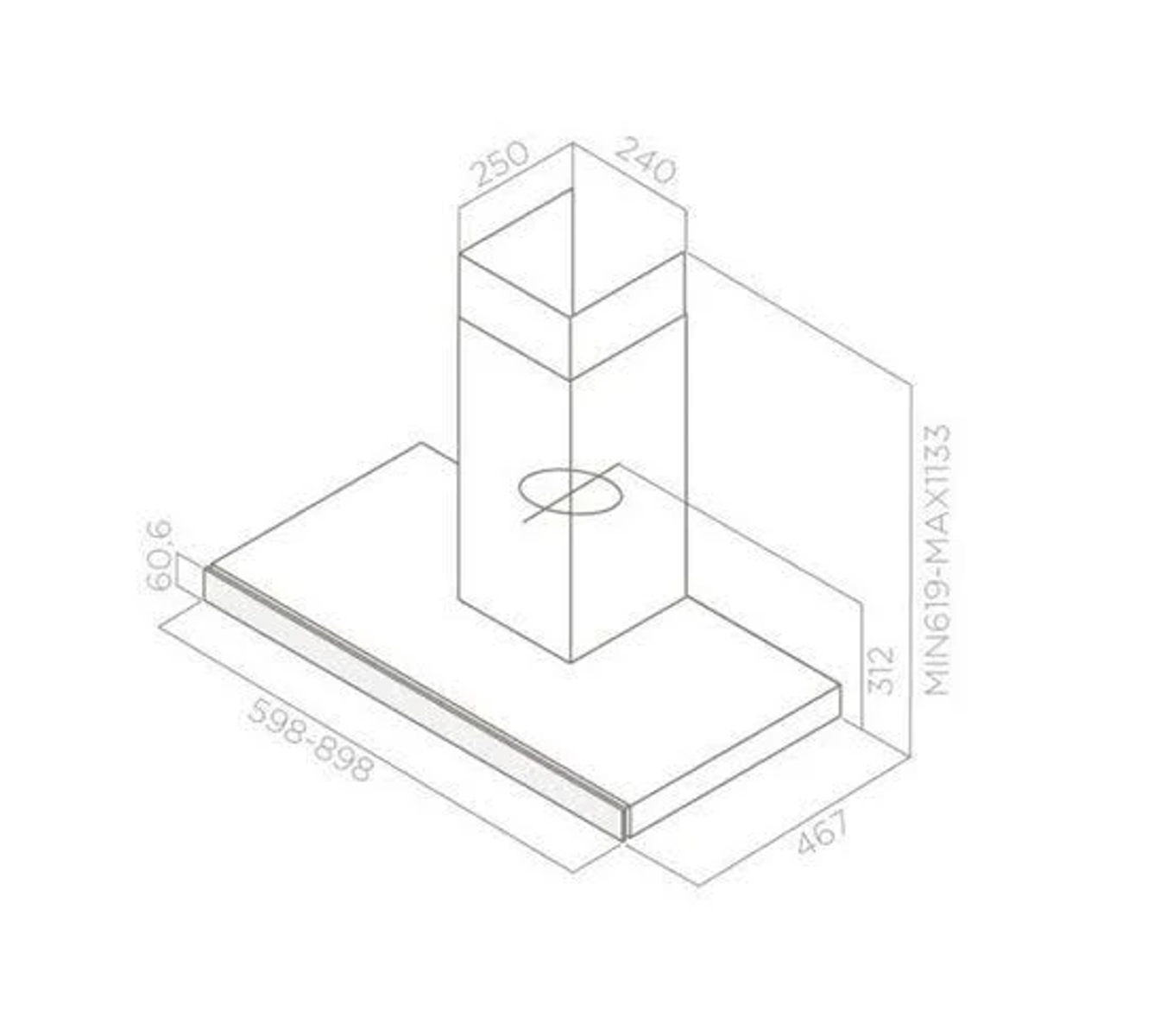 Disegno tecnico di una cappa da cucina con dimensioni.
