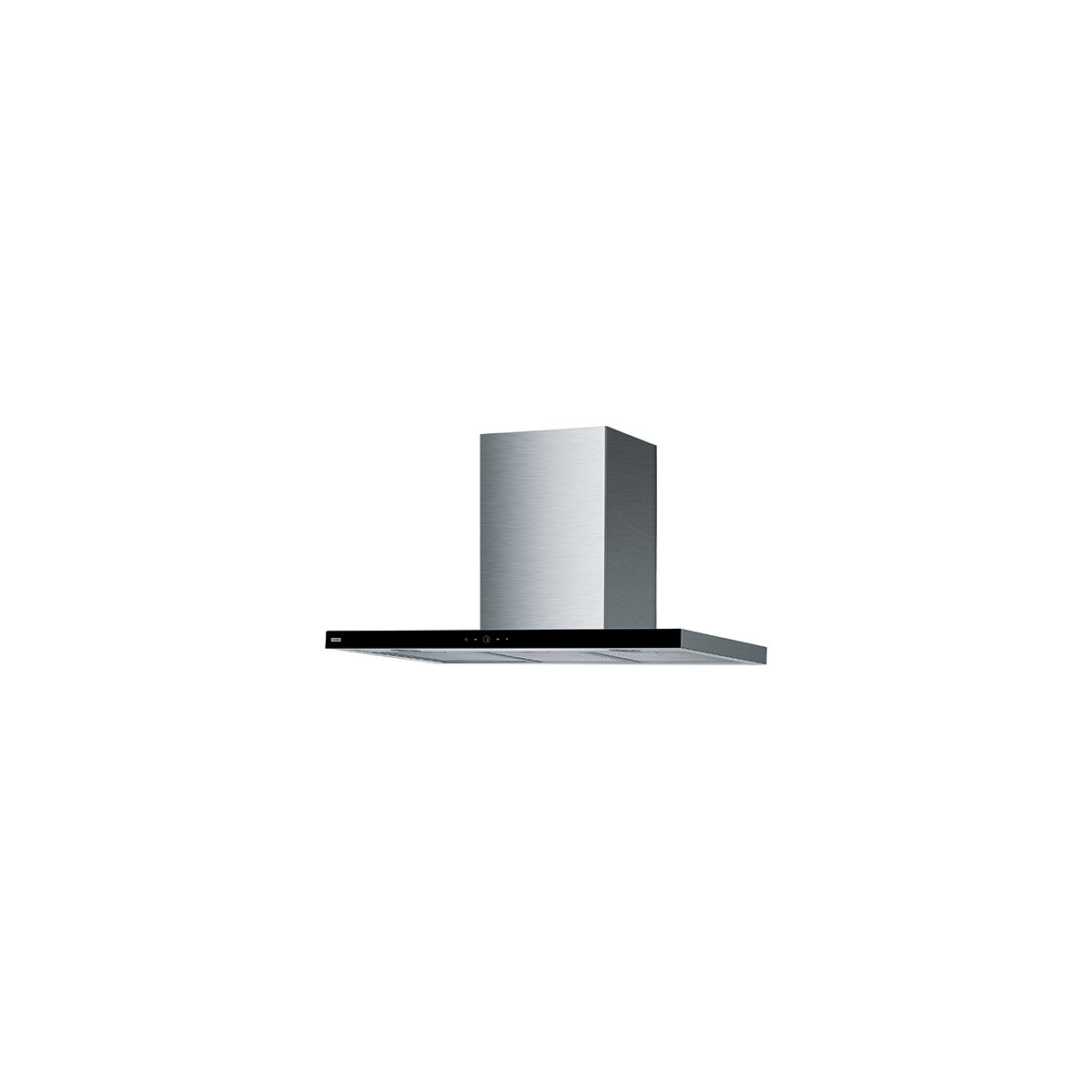 Cappa aspirante in acciaio inox con pannello frontale nero e pulsanti.