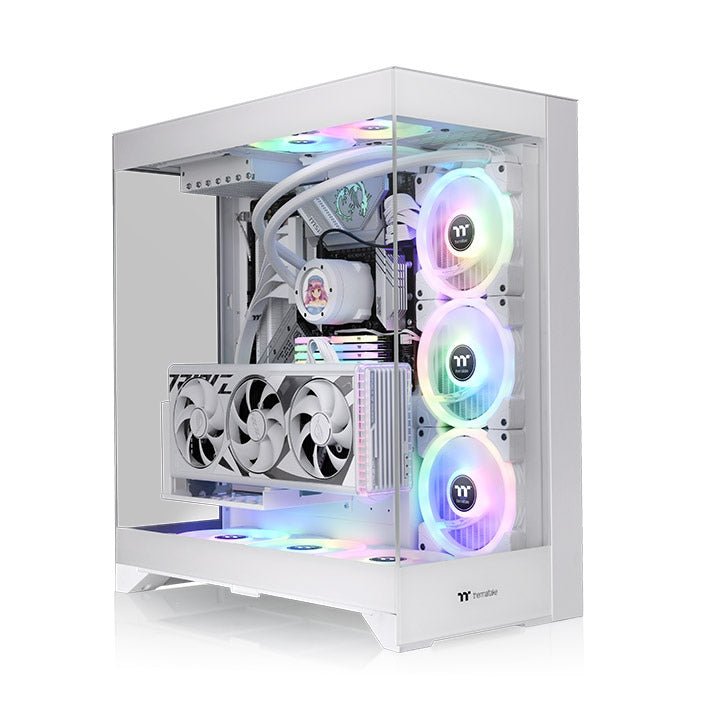 Case PC bianco con ventole RGB e GPU. Pannello in vetro, raffreddamento a liquido, adesivo anime.