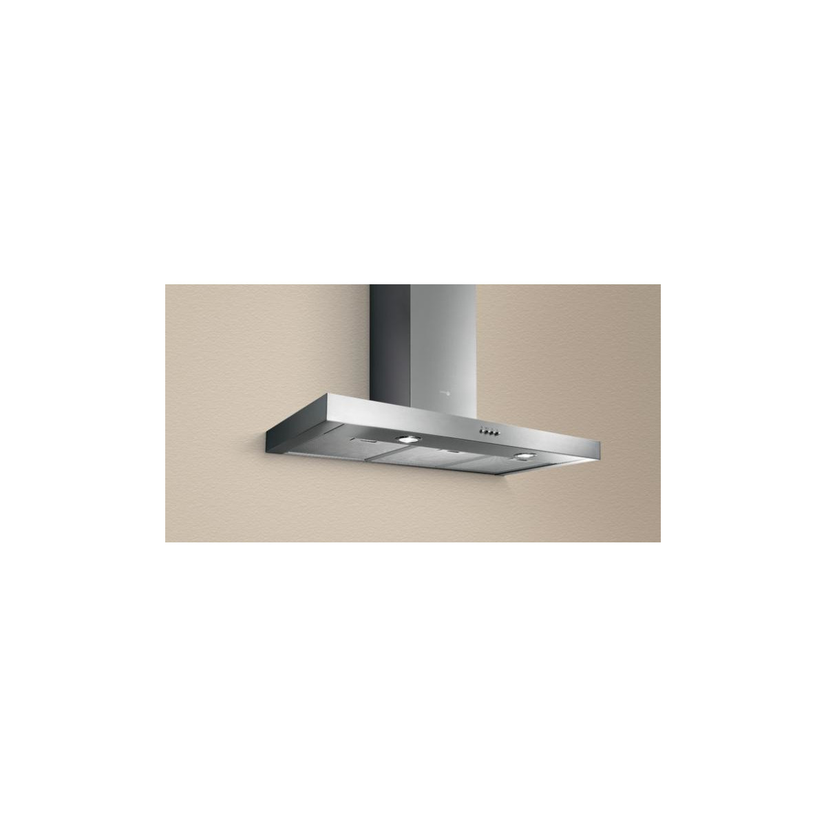 Una moderna cappa da cucina in acciaio inox con luci e controlli, montata a parete.