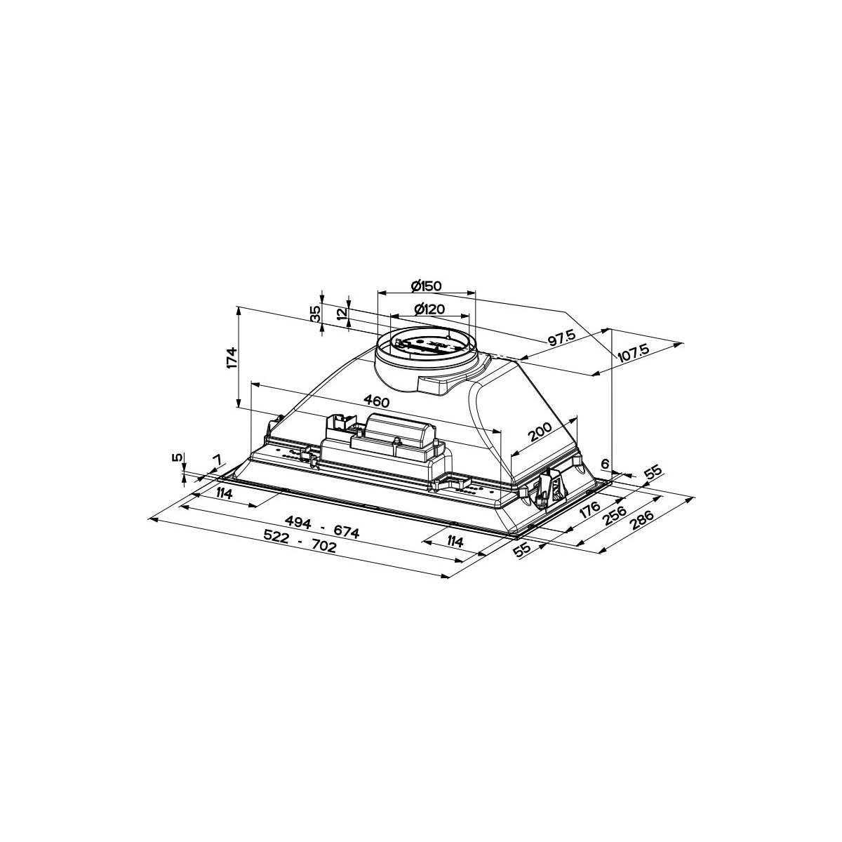 Disegno tecnico di una cappa aspirante con dimensioni e dettagli.