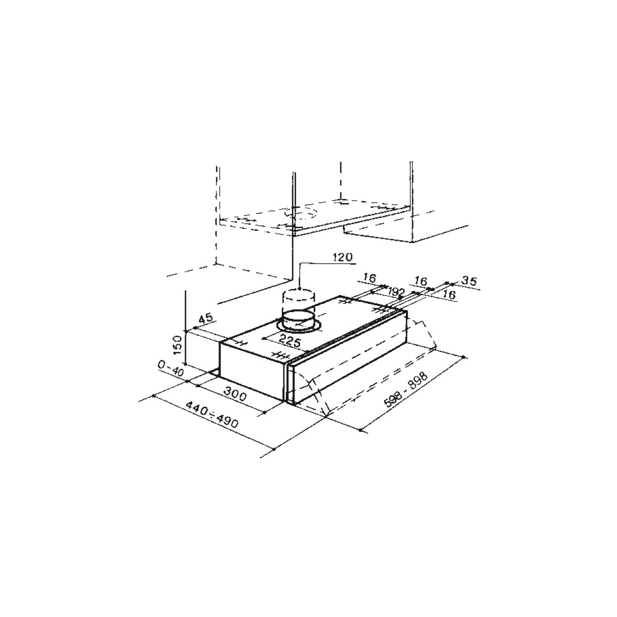 Disegno tecnico di una cappa aspirante con dimensioni.