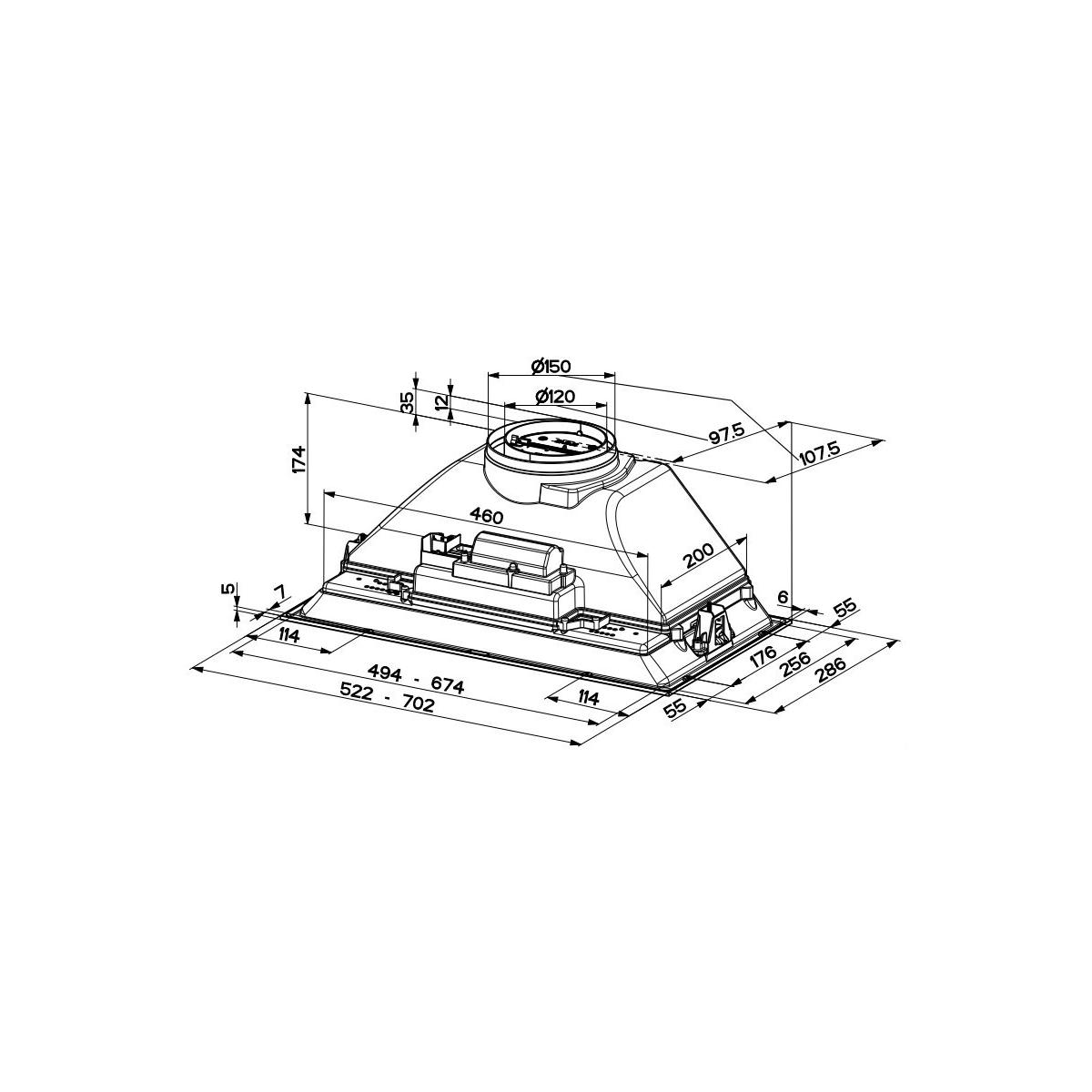Disegno tecnico di una cappa aspirante con dimensioni e dettagli.