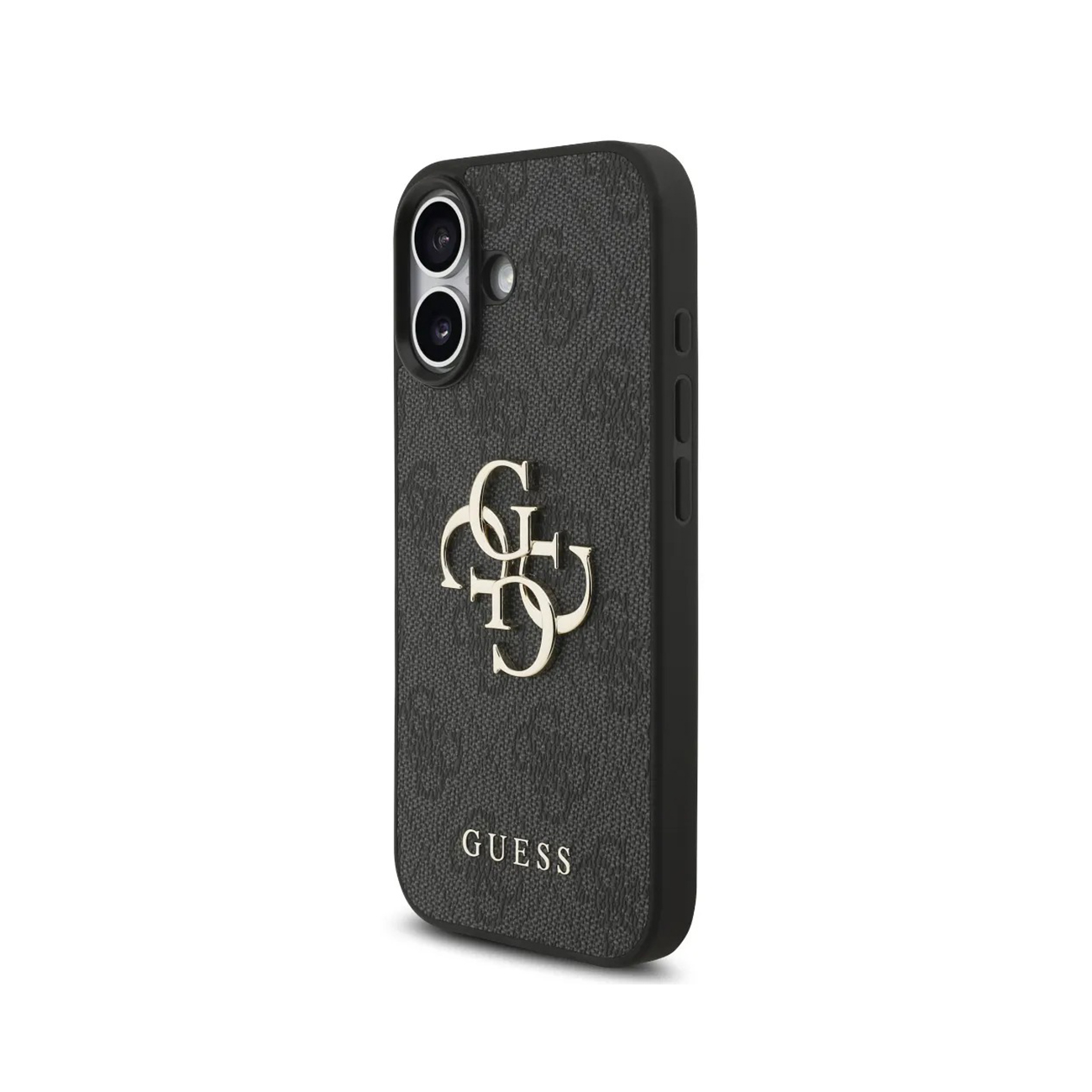 Una cover nera Guess con motivo logo ripetuto e un grande logo dorato.