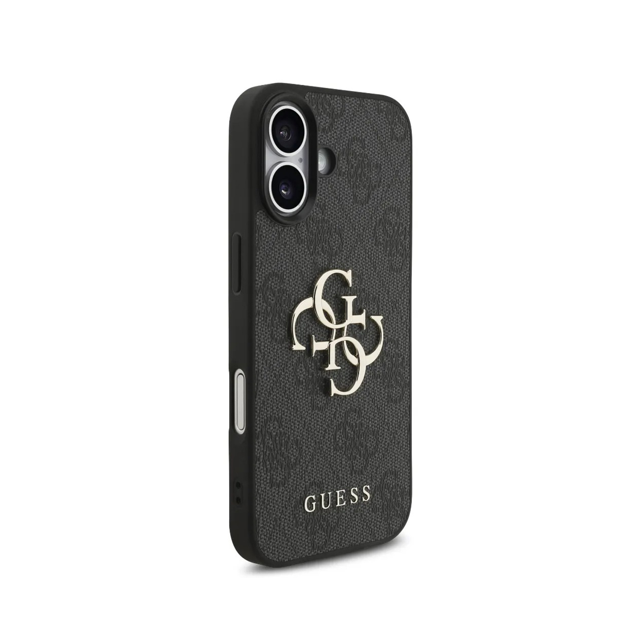 Custodia nera per telefono con logo e fantasia Guess.