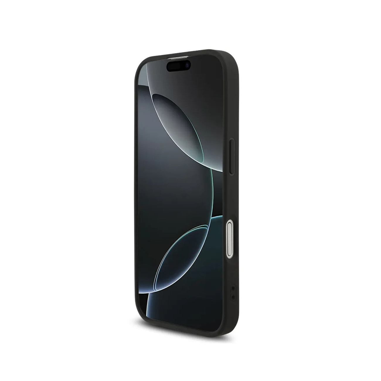 Smartphone nero in custodia protettiva, vista laterale.