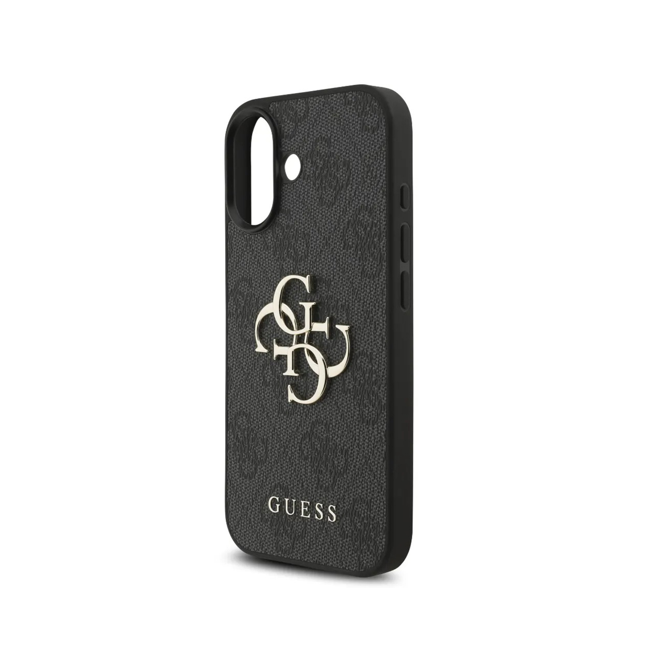 Custodia nera per telefono con logo GUESS e motivo in rilievo su sfondo bianco.