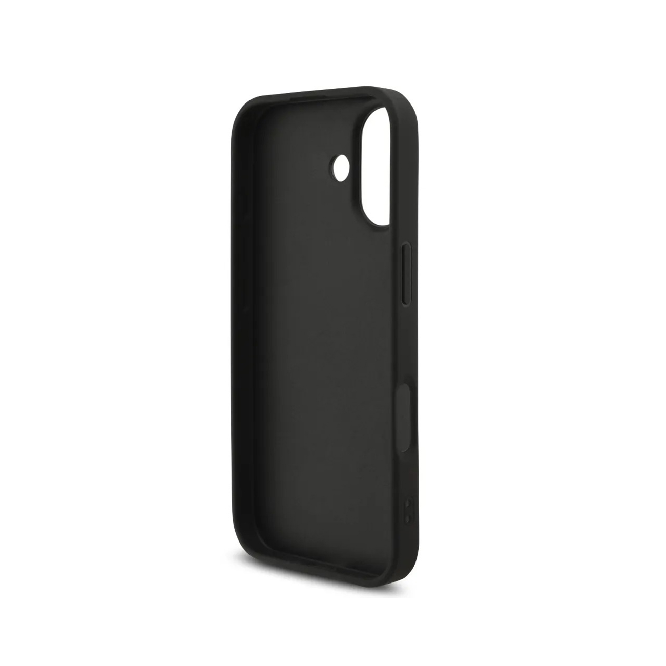 Custodia nera per telefono, capovolta, con ritaglio per fotocamera.