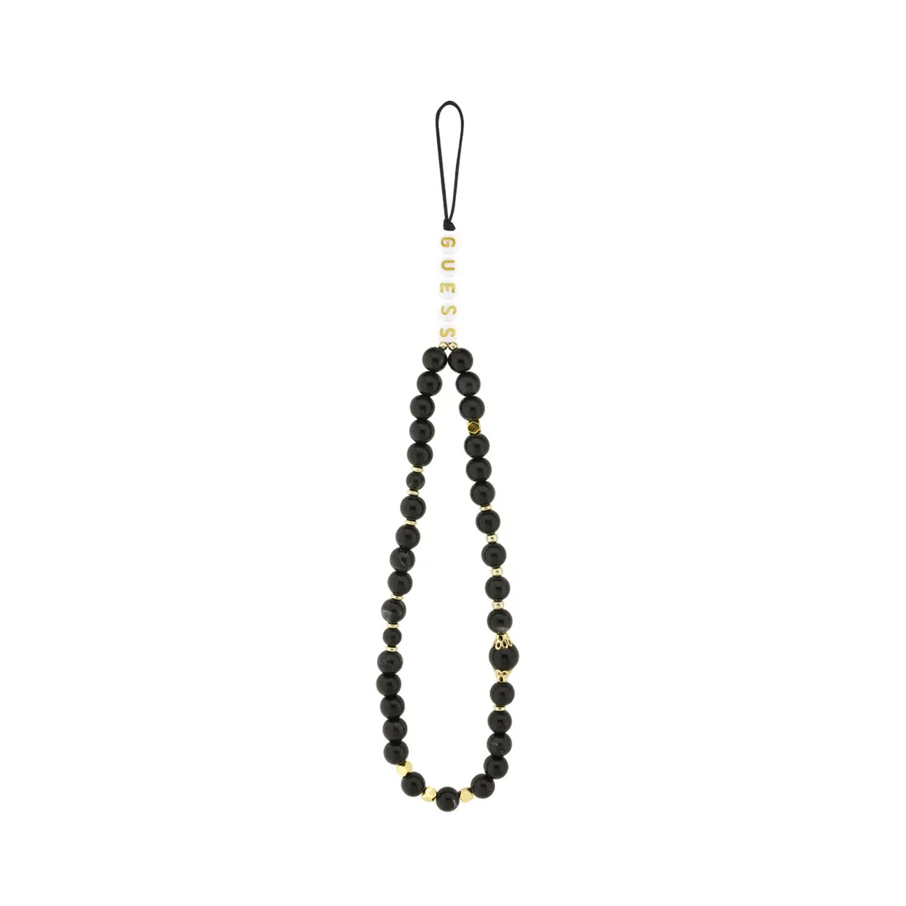 Collana di perle nere con accenti dorati e scritta 'GUESS'.