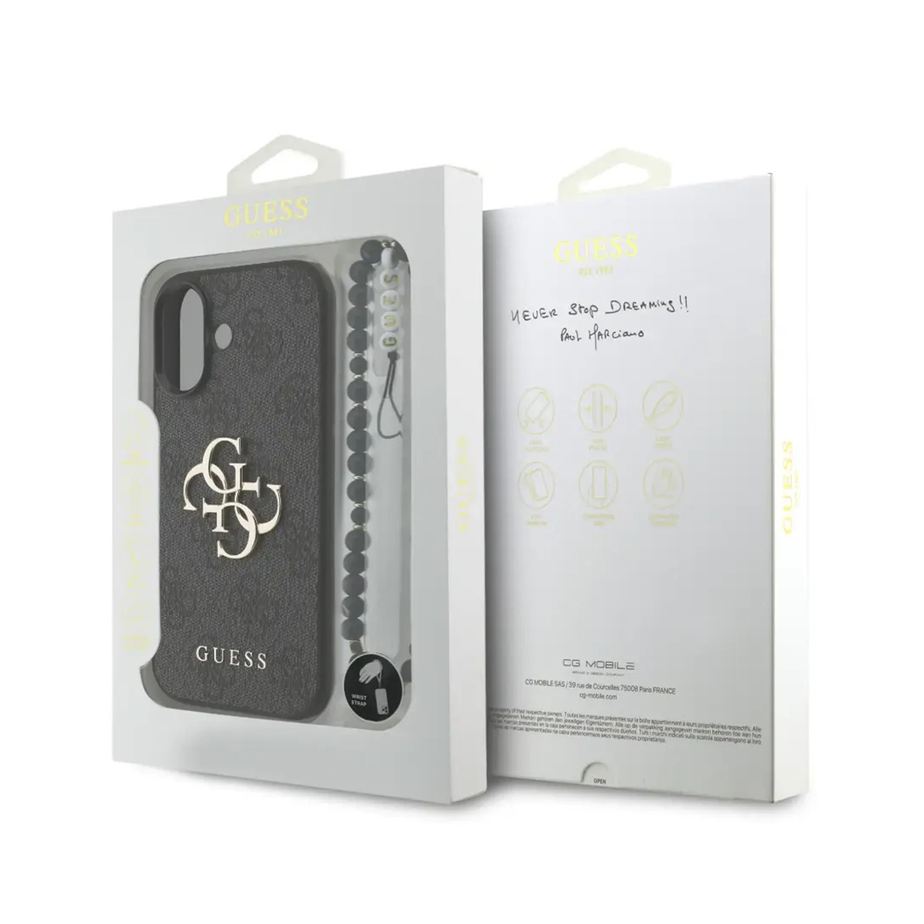Custodia Guess per iPhone con laccetto, in confezione. Retro con firma.