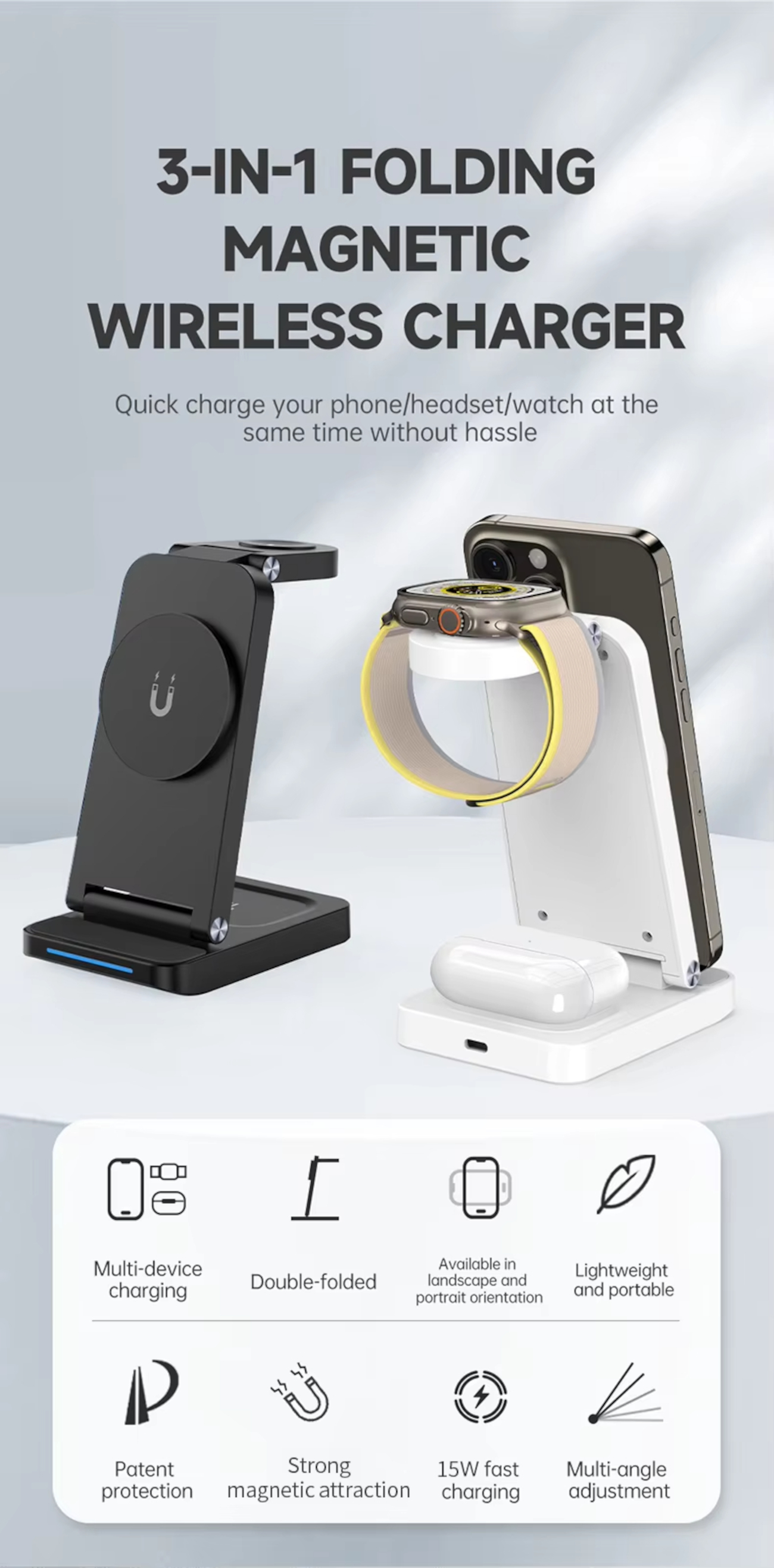 Un caricabatterie 3 in 1 bianco e nero con telefono, orologio e auricolari.