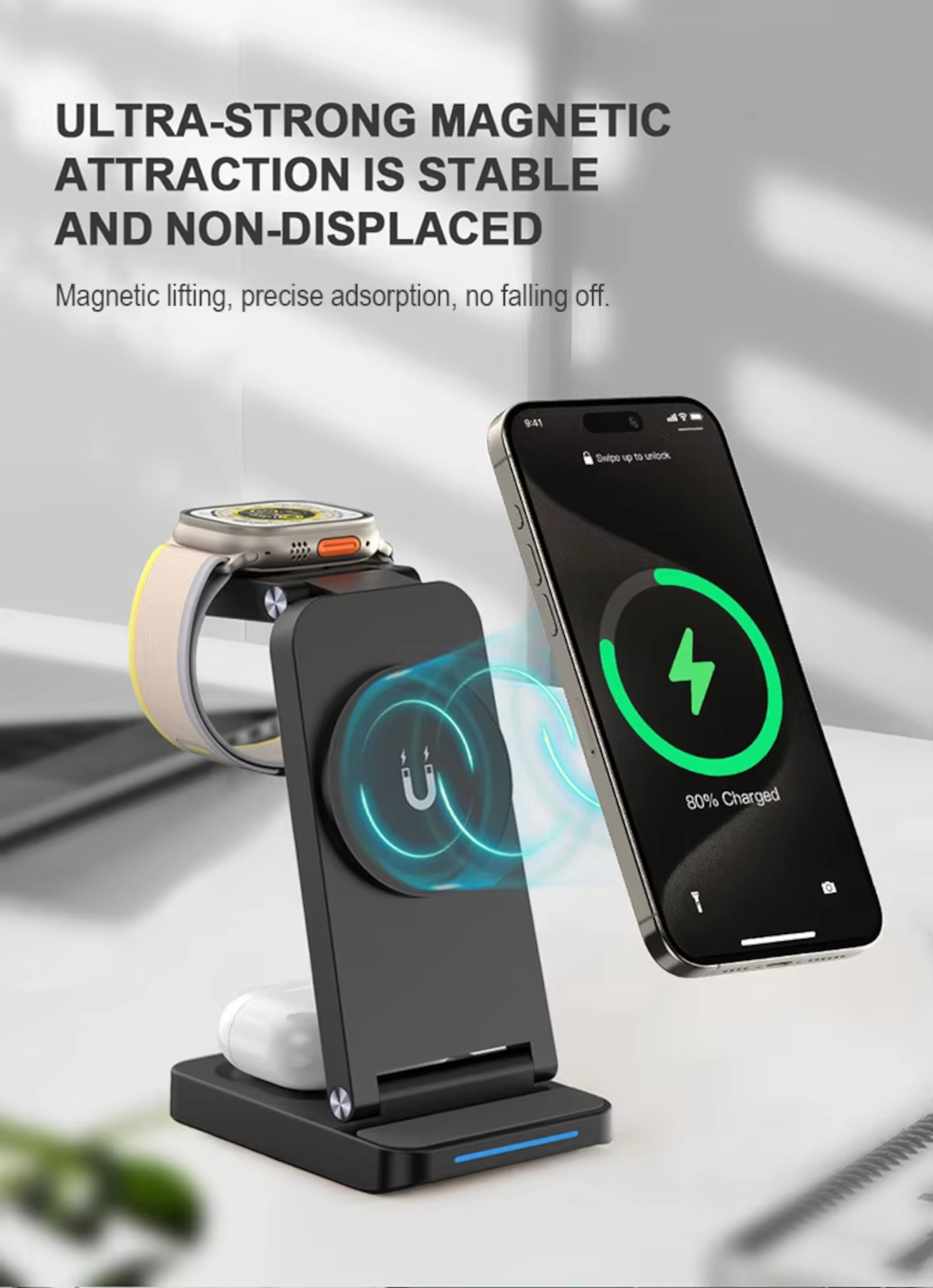 Un caricabatterie nero con iPhone e Apple Watch in carica.