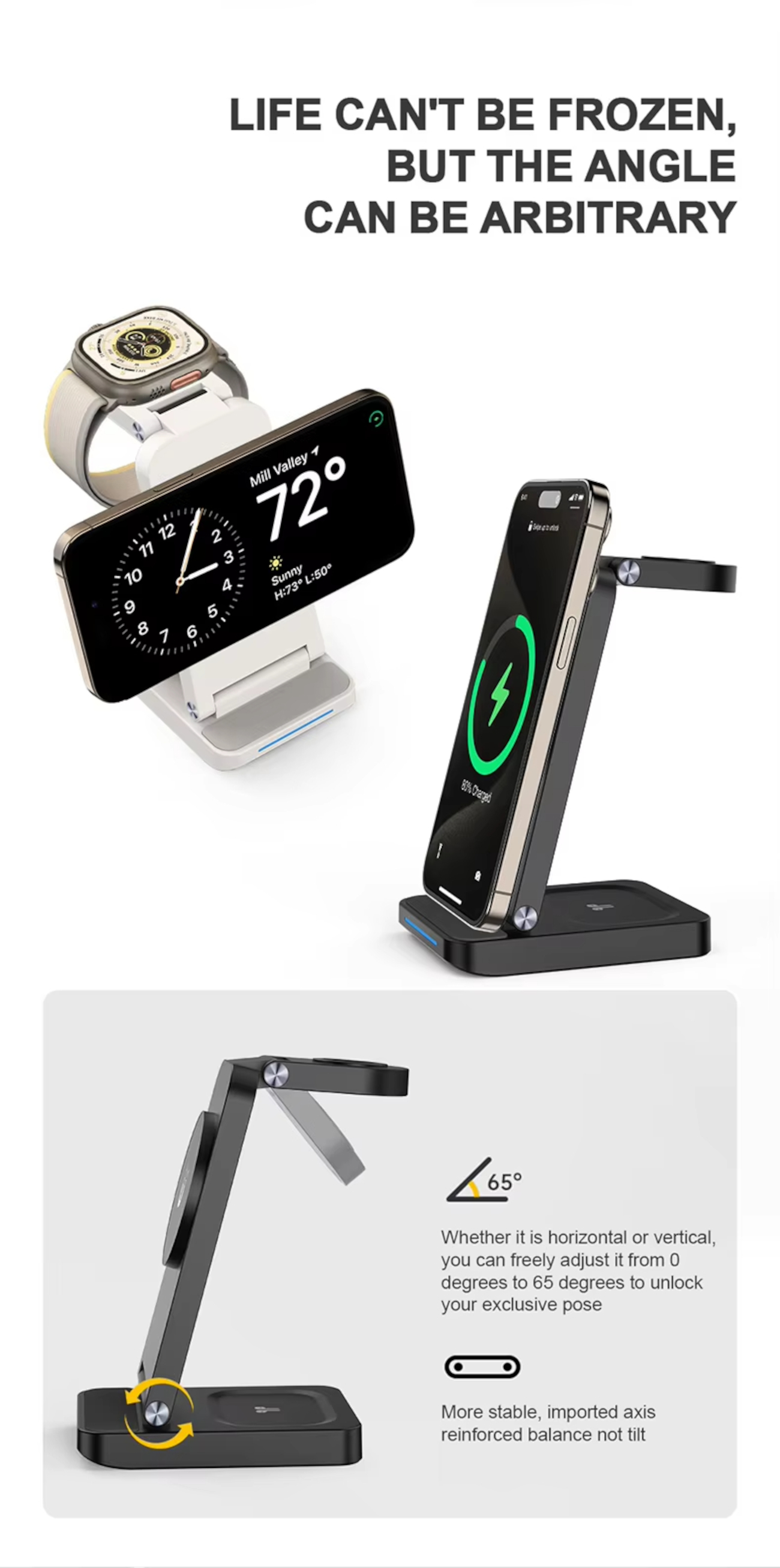 Smartwatch e telefoni su supporti di ricarica. Supporto regolabile mostrato.