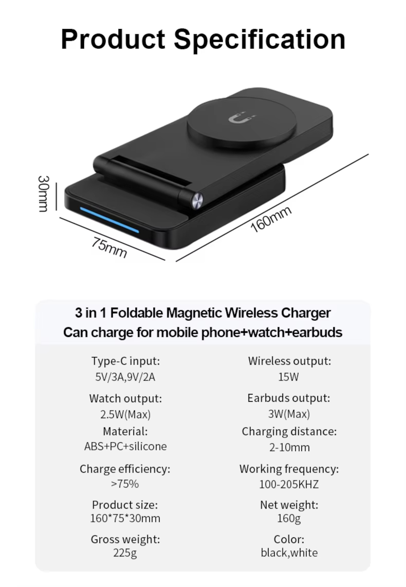 Ein schwarzer, faltbarer magnetischer kabelloser 3-in-1-Ladegerät für Handy, Uhr und Ohrhörer.