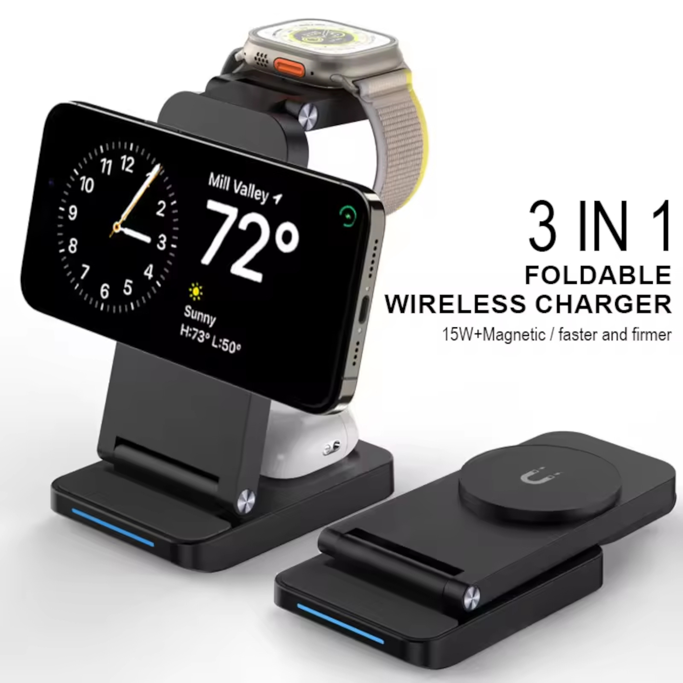Caricatore wireless pieghevole 3 in 1 con telefono, orologio e auricolari.