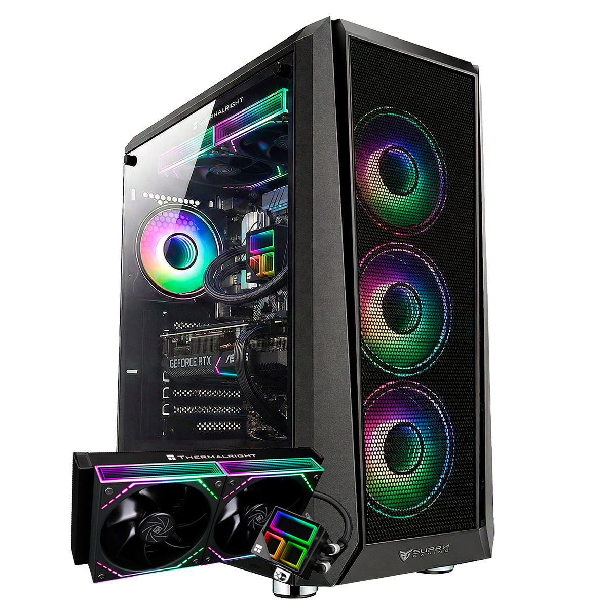 PC Gaming con ventiladores RGB y refrigerador líquido separado. Fondo blanco.