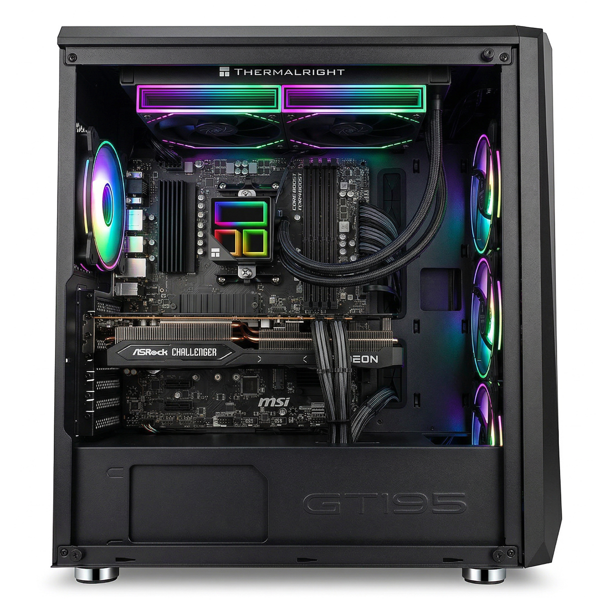 Caja de PC abierta con ventiladores RGB, CPU, GPU y cables iluminados.