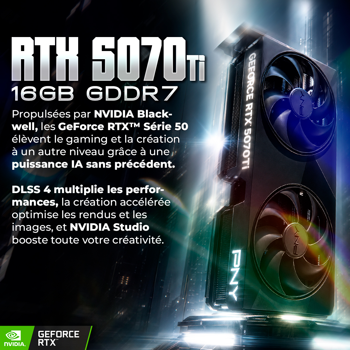 Tarjeta gráfica RTX 5070Ti con 16GB GDDR7, iluminada, con ventiladores y fondo de ciudad.