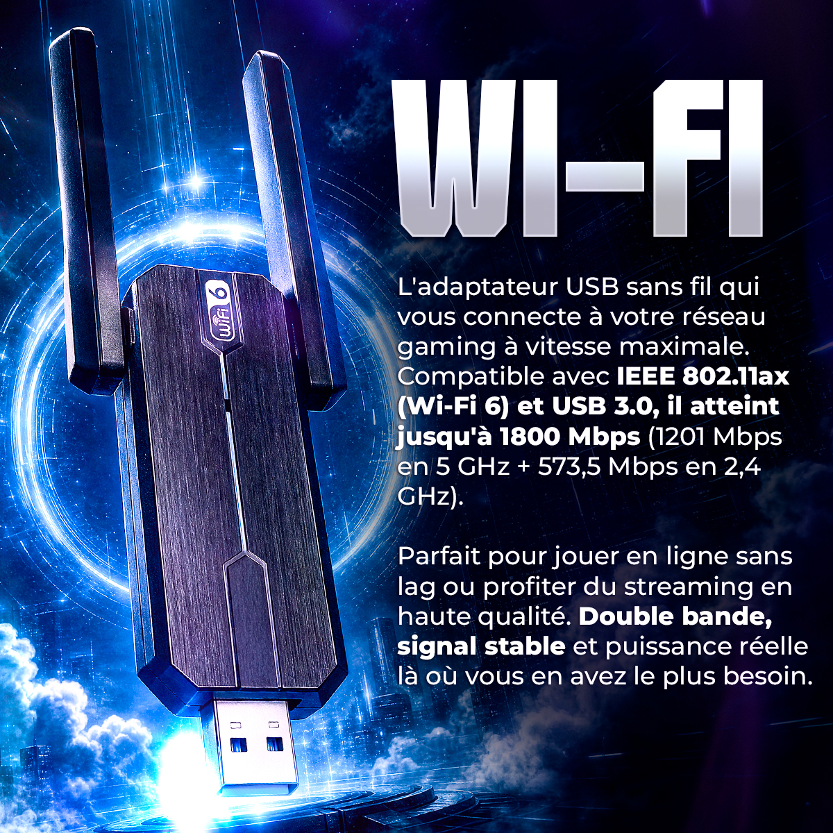 Un adaptador USB WiFi 6 negro con dos antenas y conector USB 3.0.