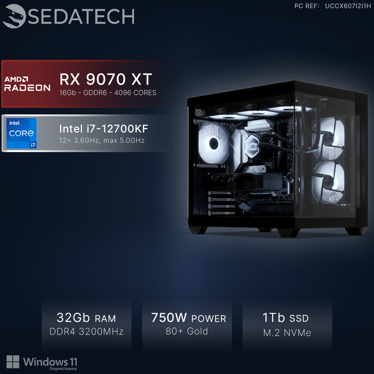 Un PC con Intel i7, RX 9070 XT, 32GB RAM, alimentatore 750W, SSD 1TB.