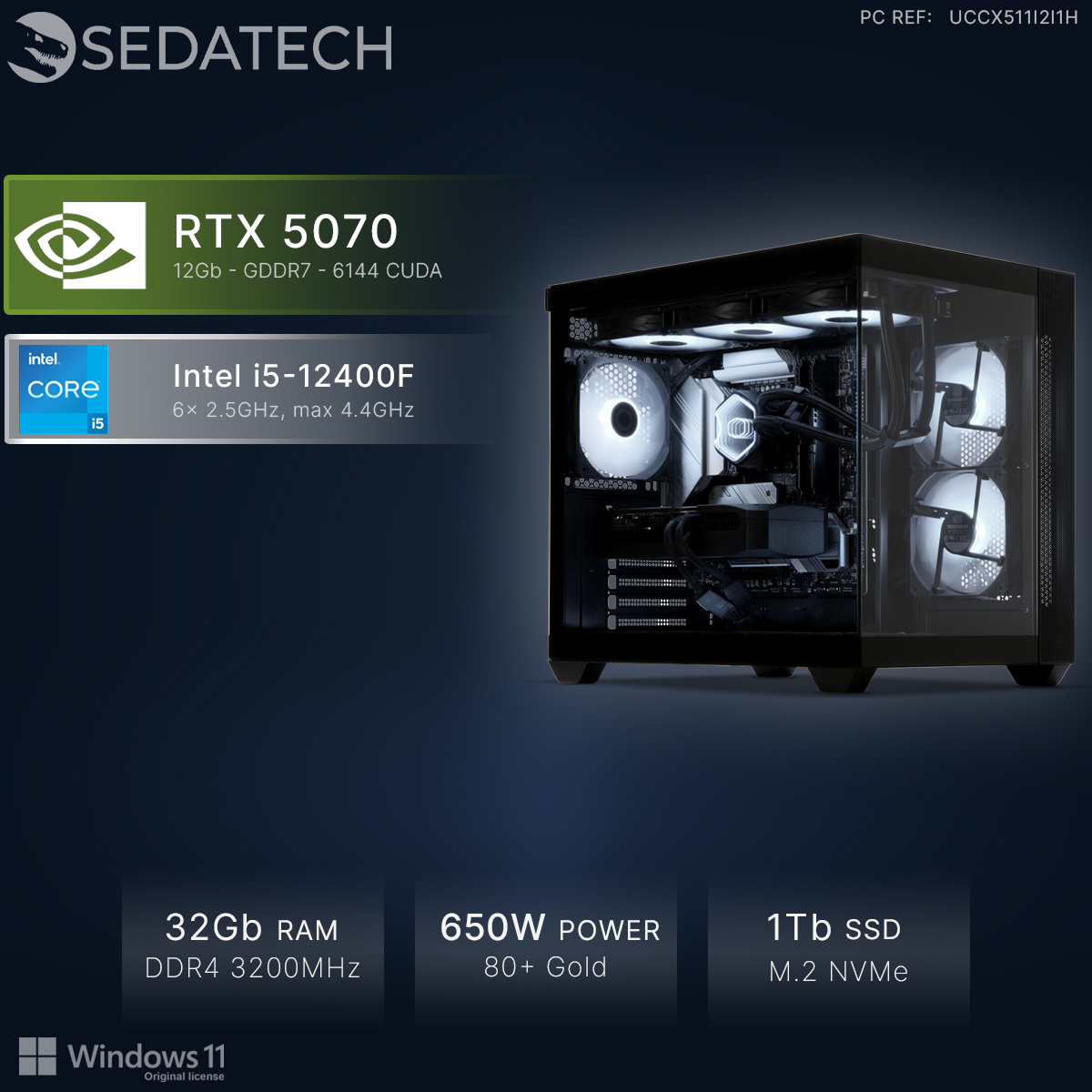 Un PC potente con RTX 5070, Intel i5, 32GB RAM, PSU 650W, SSD 1TB.