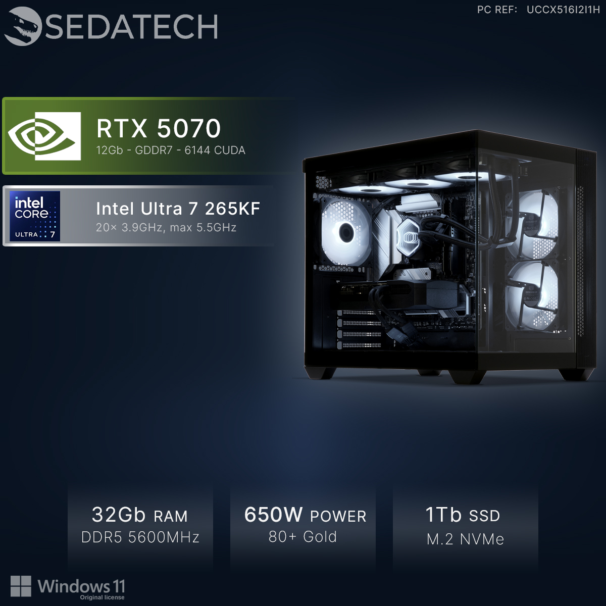 Ein PC mit RTX 5070, Intel Ultra 7, 32GB RAM, 650W Netzteil und 1TB SSD.