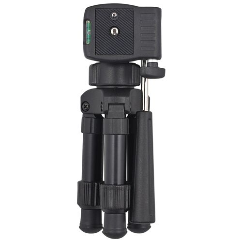 Een compacte zwarte camerapot met verstelbare poten en waterpas.