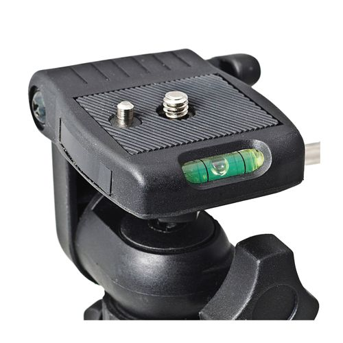 Zwarte statiefkop voor camera met waterpas en bevestigingsschroeven.