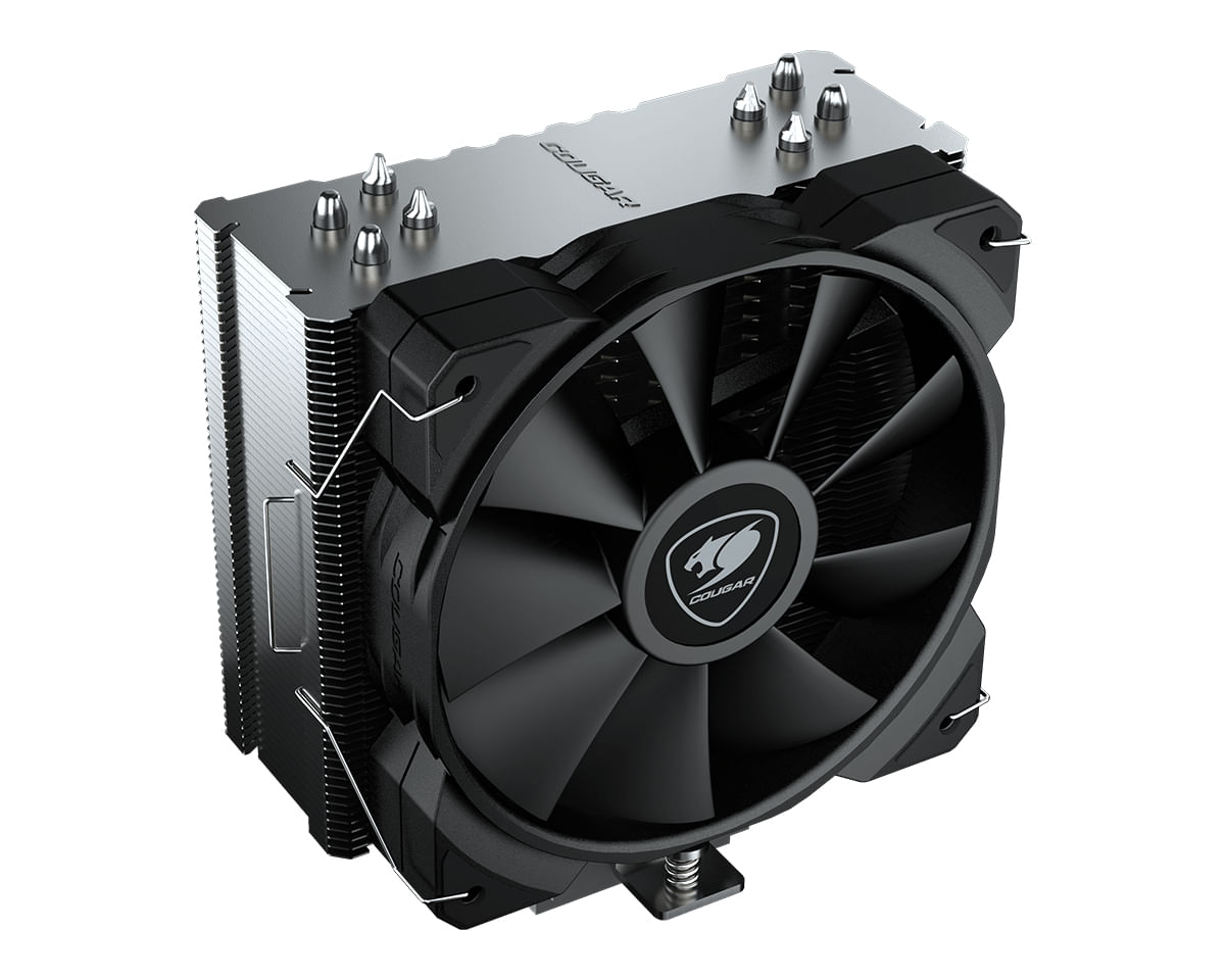 Ein schwarzer CPU-Kühler mit silbernen Lamellen und einem Lüfter.