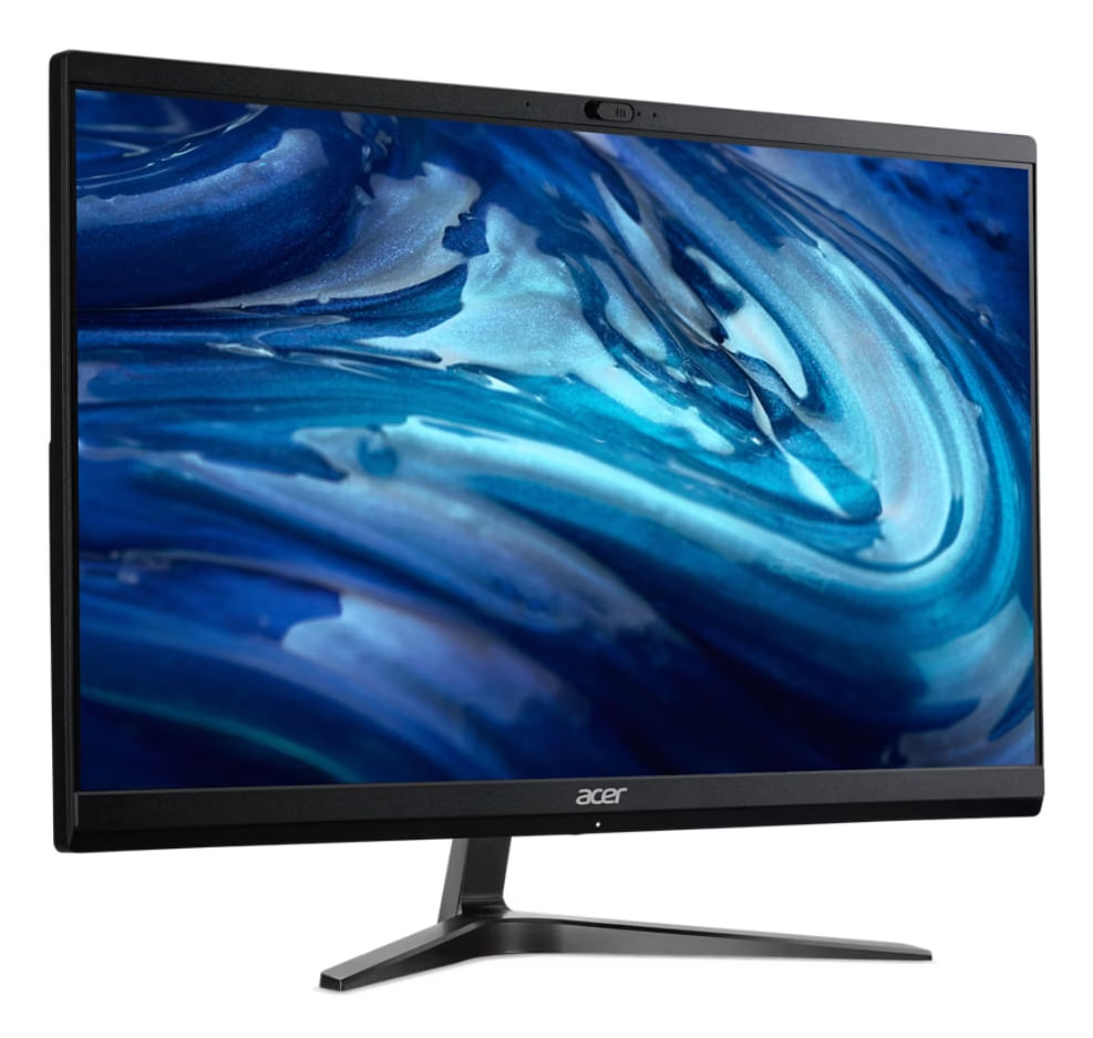 Un monitor Acer negro que muestra un fondo azul abstracto.