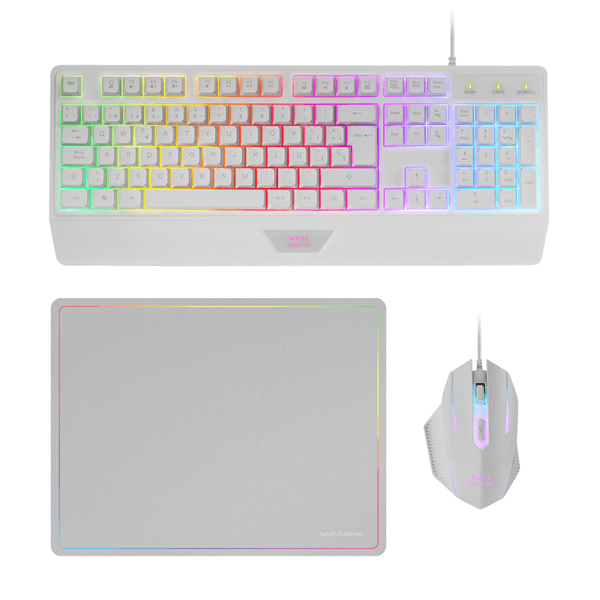 Biały zestaw klawiatury, podkładki pod mysz i myszy gamingowej z oświetleniem RGB.