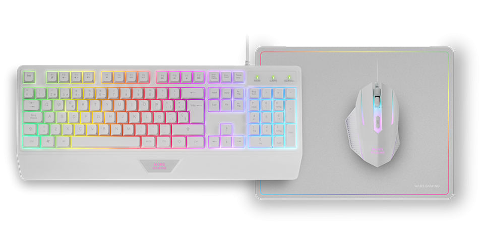 Biała klawiatura i mysz gamingowa na jasnoszarej podkładce z podświetleniem RGB.