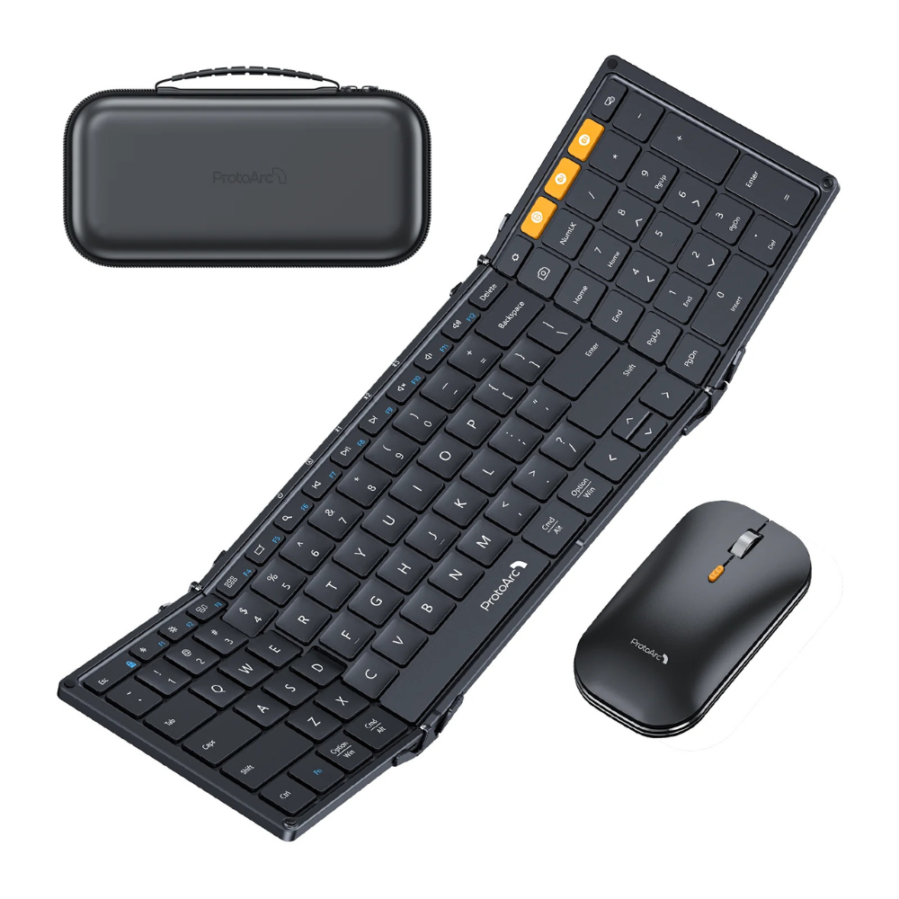 Un juego plegable de teclado y ratón negro con una funda.