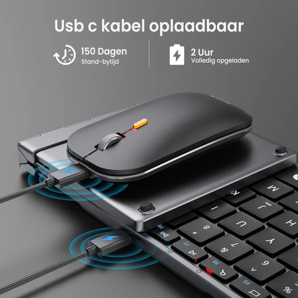 Ratón y teclado grises con cable USB-C cargándose.