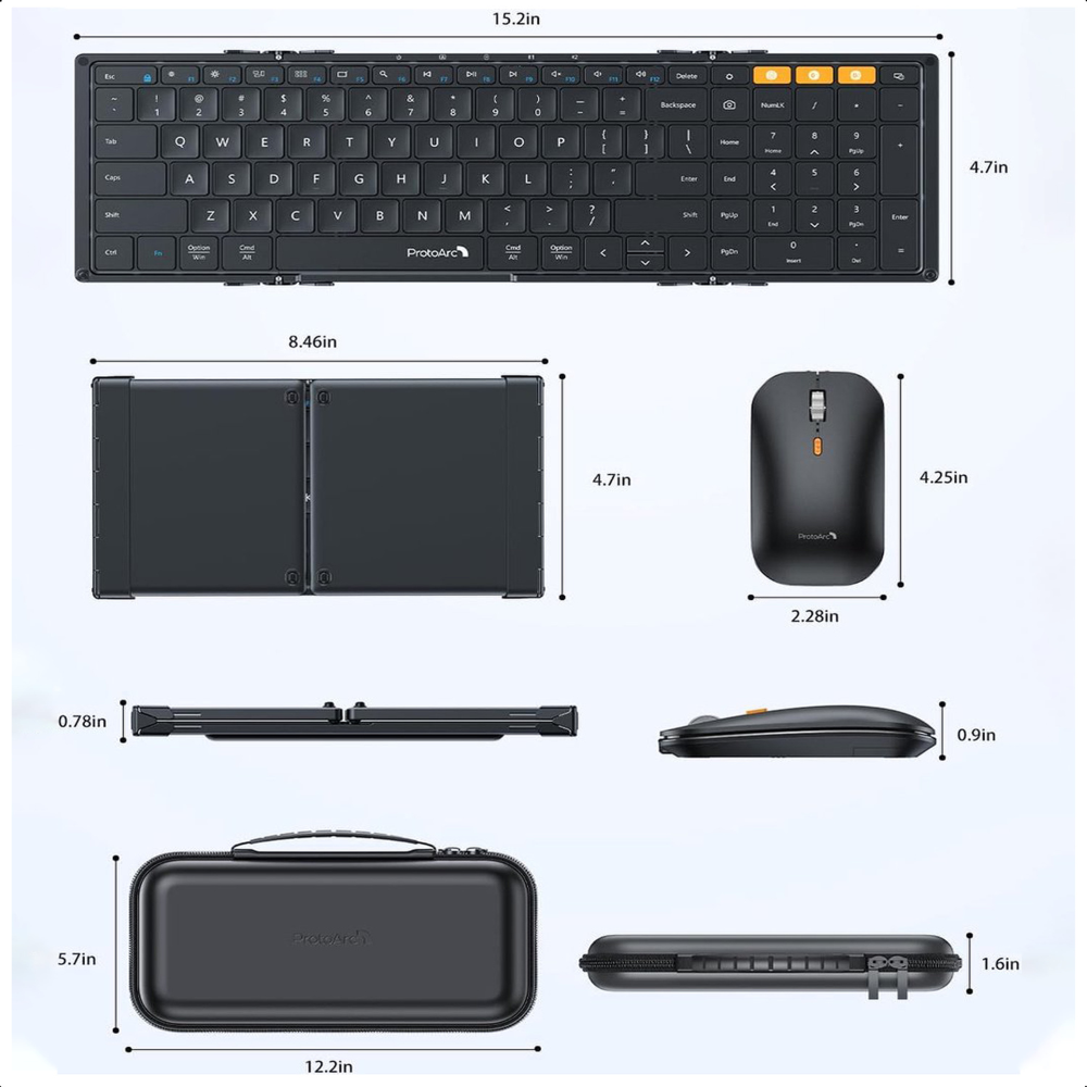 Un teclado, ratón y funda plegables negros con dimensiones.