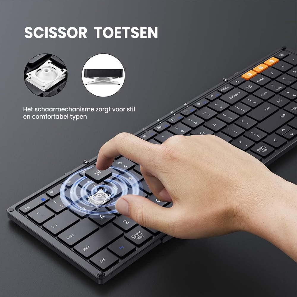 Primer plano de una mano presionando la tecla W en un teclado negro con panel táctil.