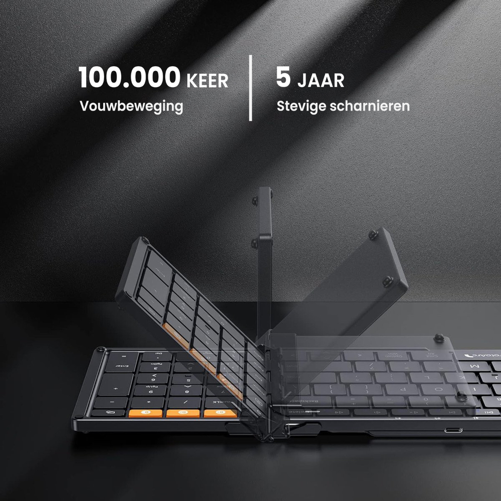 Un teclado negro plegable con 100.000 pliegues y 5 años de garantía.