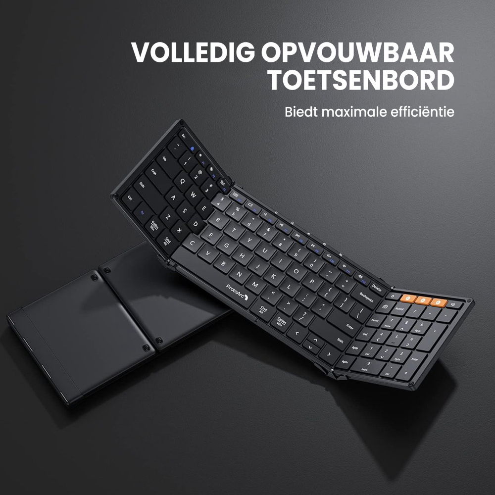 Un teclado Bluetooth negro y plegable sobre un fondo oscuro. Está abierto por la bisagra.