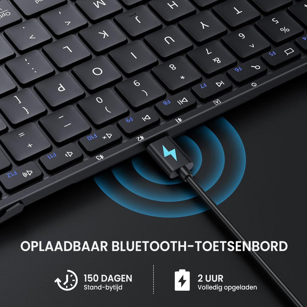 Teclado negro con cable de carga USB-C e indicador de carga. Texto: Recargable.